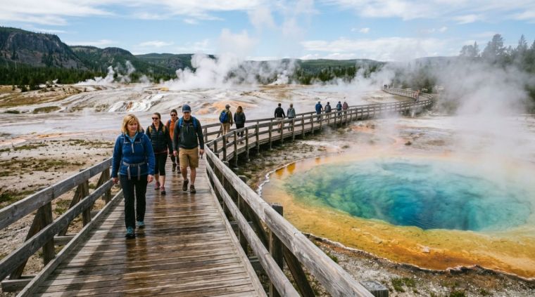 Visitors walking on a wooden boardwalk past a steaming hot spring in a geyser basin