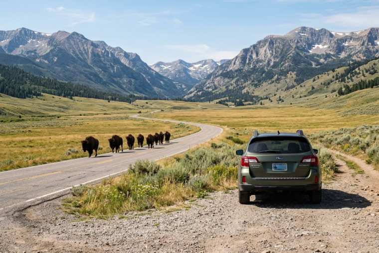 A car parked in a gravel pullout with all four wheels off the road while bison walk along the park road
